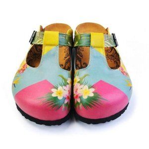 Blue & Pink Floral Color Block T-Strap Mule - Goby